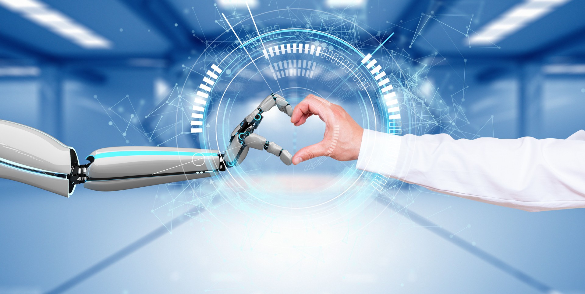 Businessman Robot Hands Heart Connection HUD Network